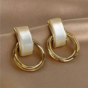 Gold Tone Double Hoop Drop Earrings | White Accent | Modern Statement